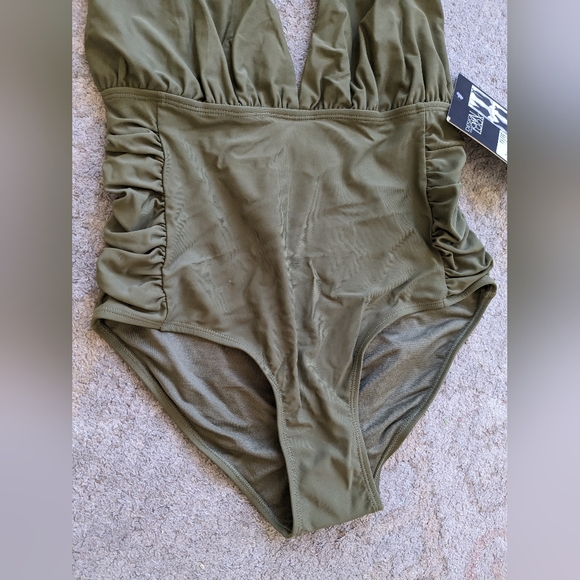 NWH Nicole Miller Convertible Swimsuit with Side Ruching (Olive Green. medium) - Picture 3 of 5